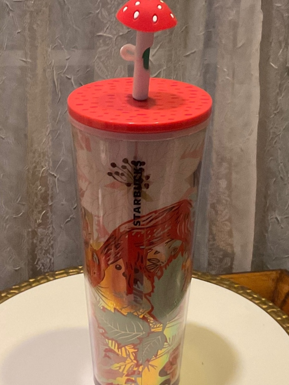 Starbucks Holiday Enchanted Forest Cup With Mushroom Straw NWOT